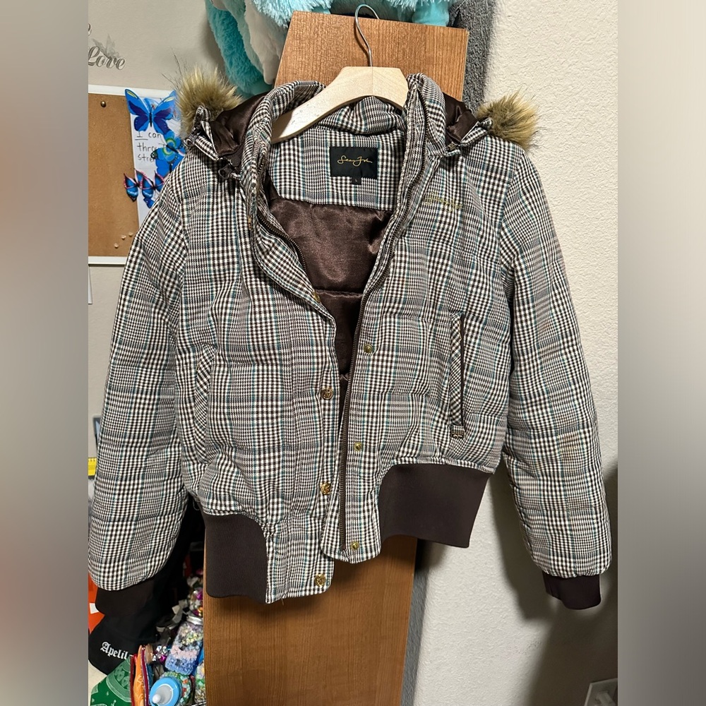 Y2K Sean John Womens L Cropped Jacket with Detachable Hood and Fur
